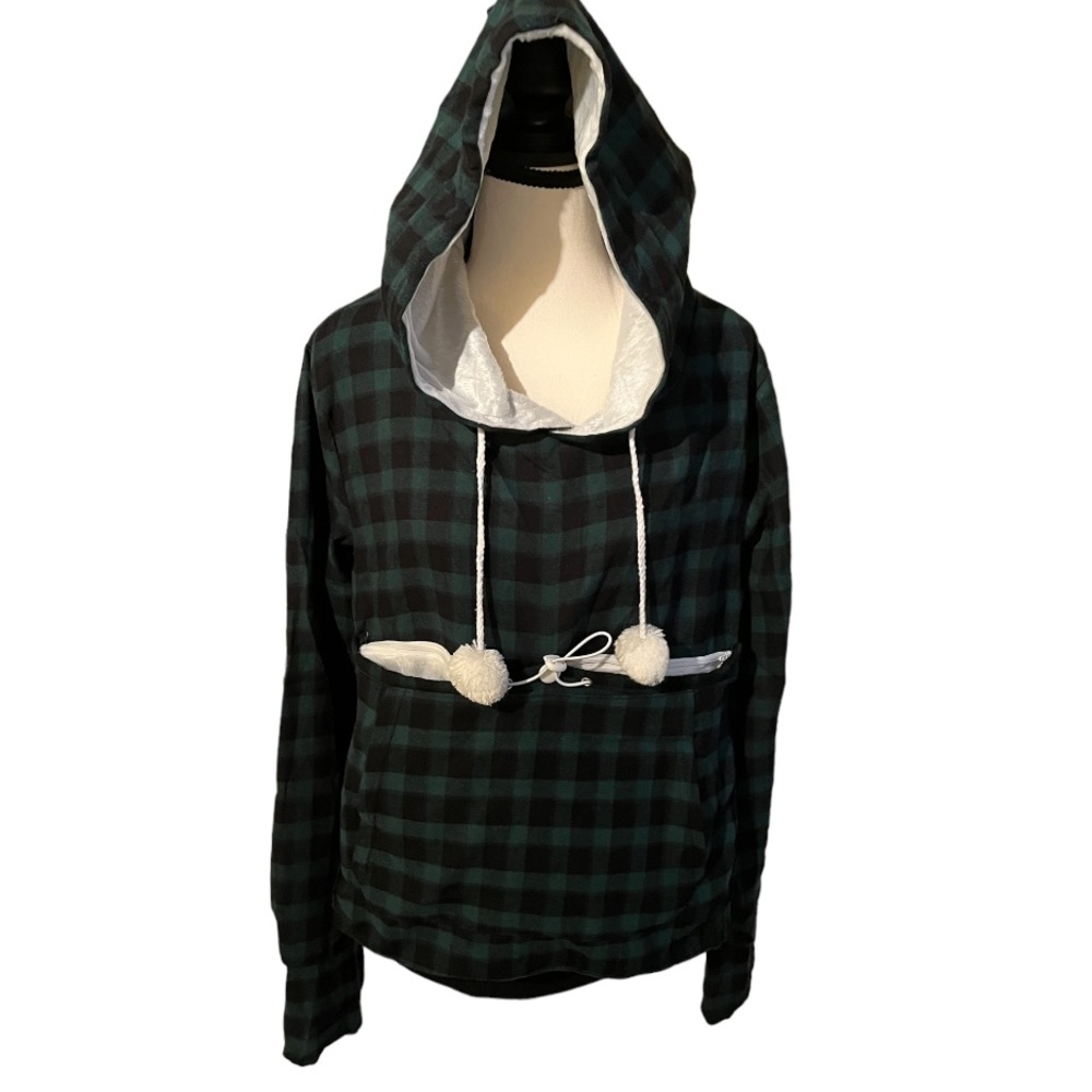 Plaid Tartan XS Extra Small Gingham Green black Hoodie Hooded Sweatshirt Pocket